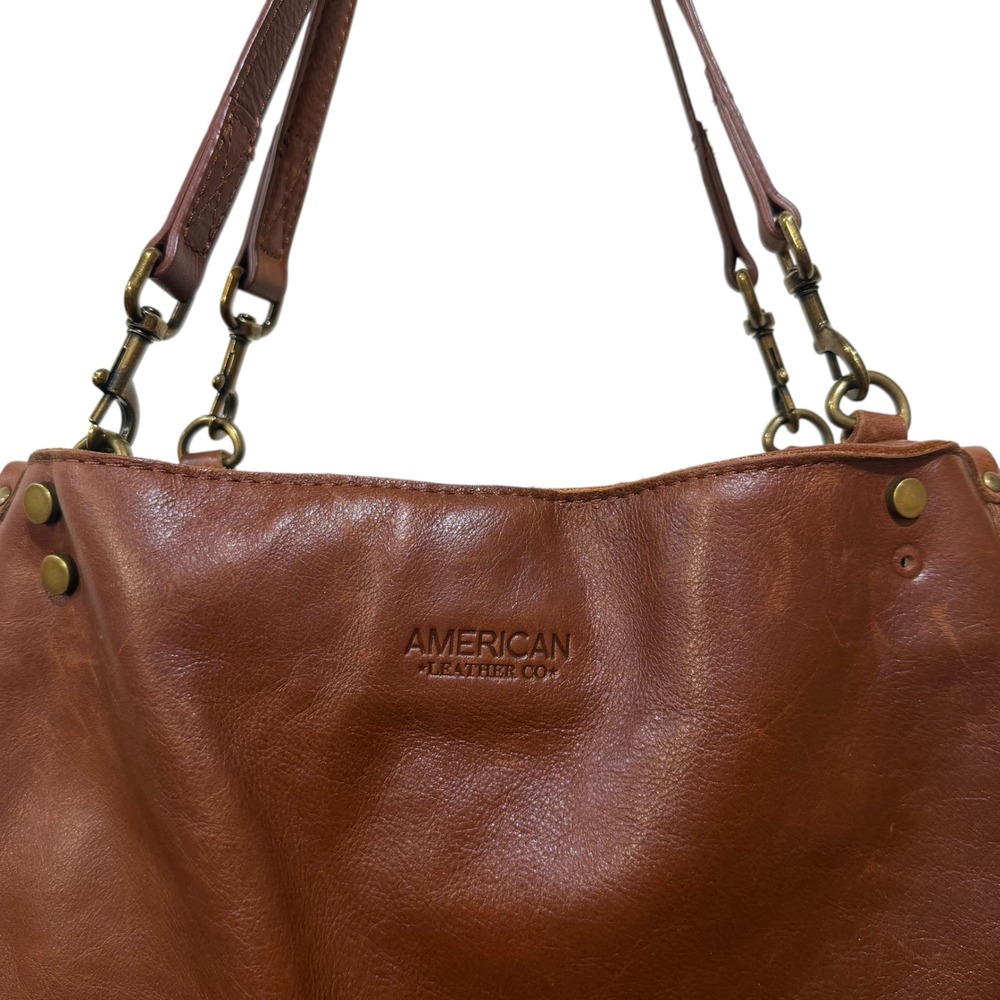 American Leather Co Brown Genuine Leather Shoulder Bag Satchel Handbag Brass - Picture 3 of 12